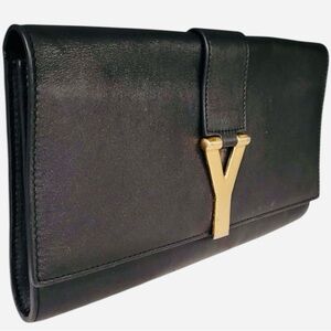 Saint Laurent Black Leather Clutch with Gold Accent Authentic